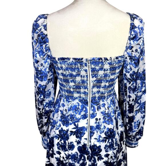 Alice + Olivia Cooper Antique Blue Floral Silk Blend Smocked Dainty Mini Dress - Picture 7 of 13